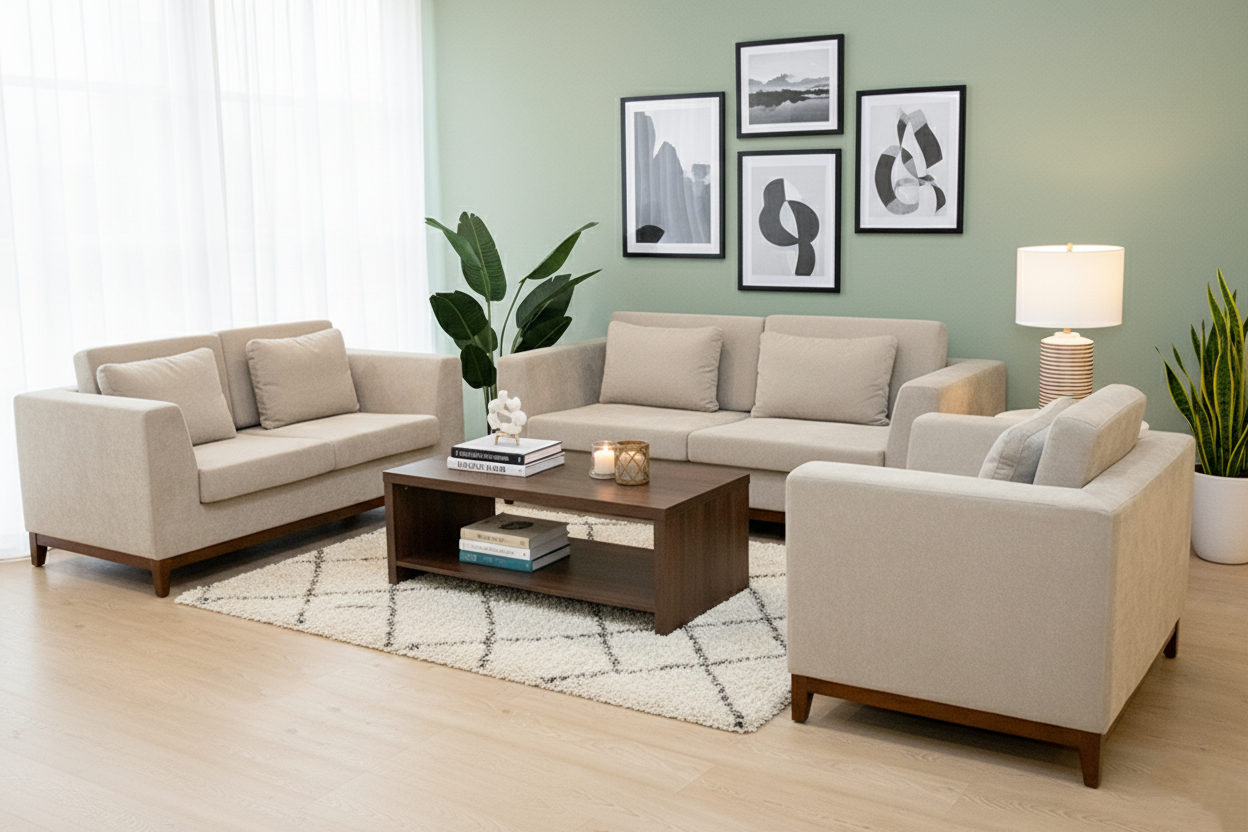 S751 3 SEATER SOFA WITH FABRIC SIZE 210X85CM QF1048-4 BEIGE (Set 3+2+1)