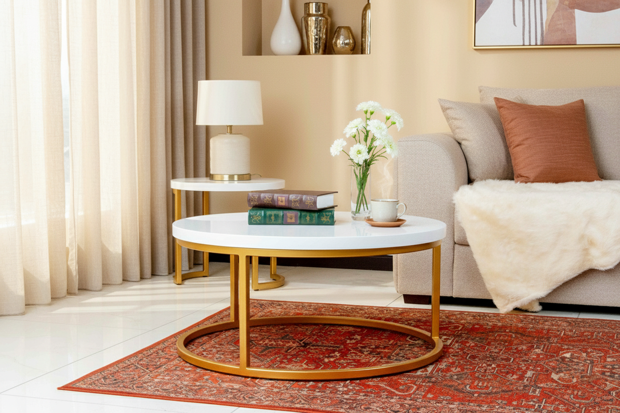 COFFEE TABLE 2003 DIA900-WHITE GLOSSY GOLD LEG