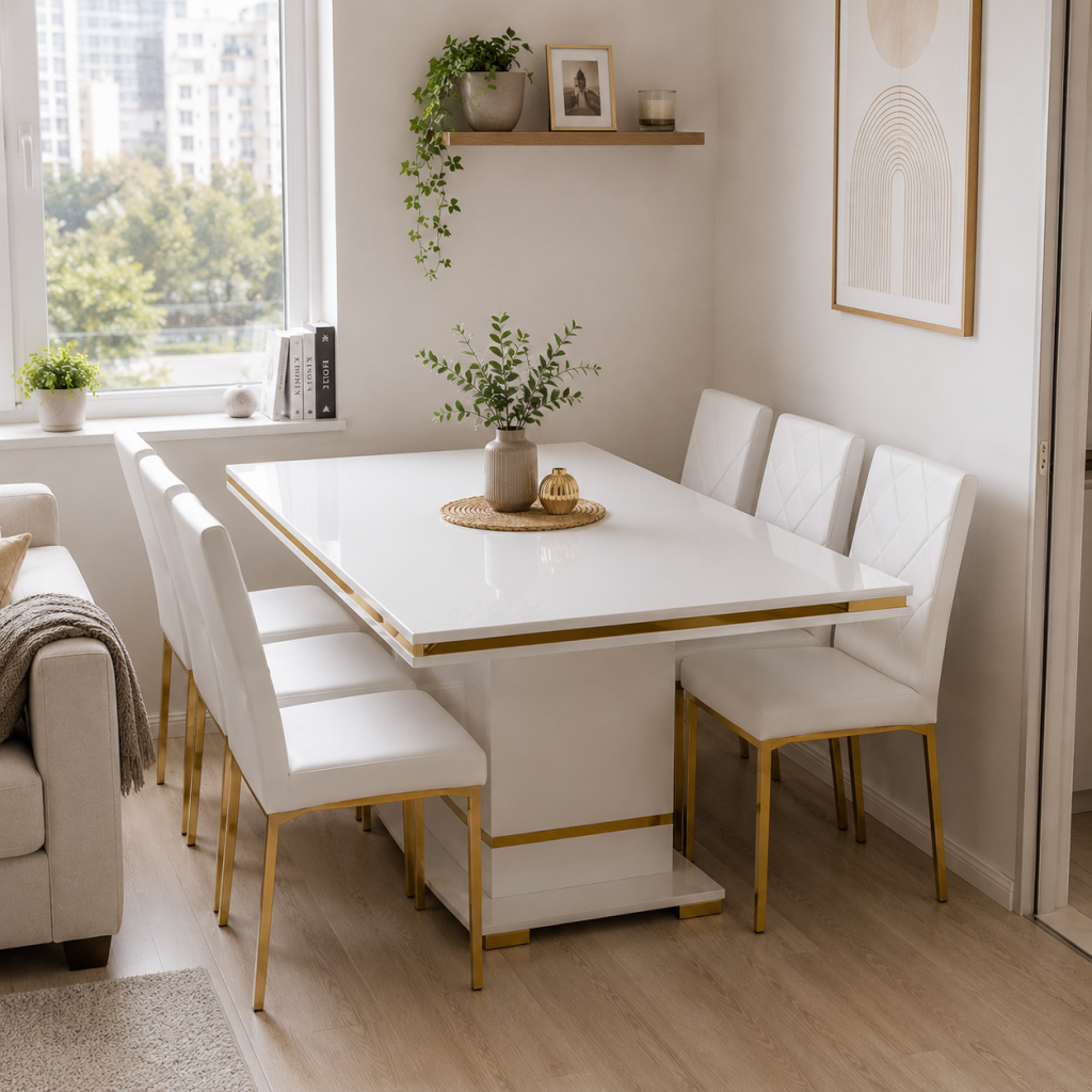 DINING TABLE 2215 W1200XL2800XH770 MM WHITE GLOSSY SS GOLD
